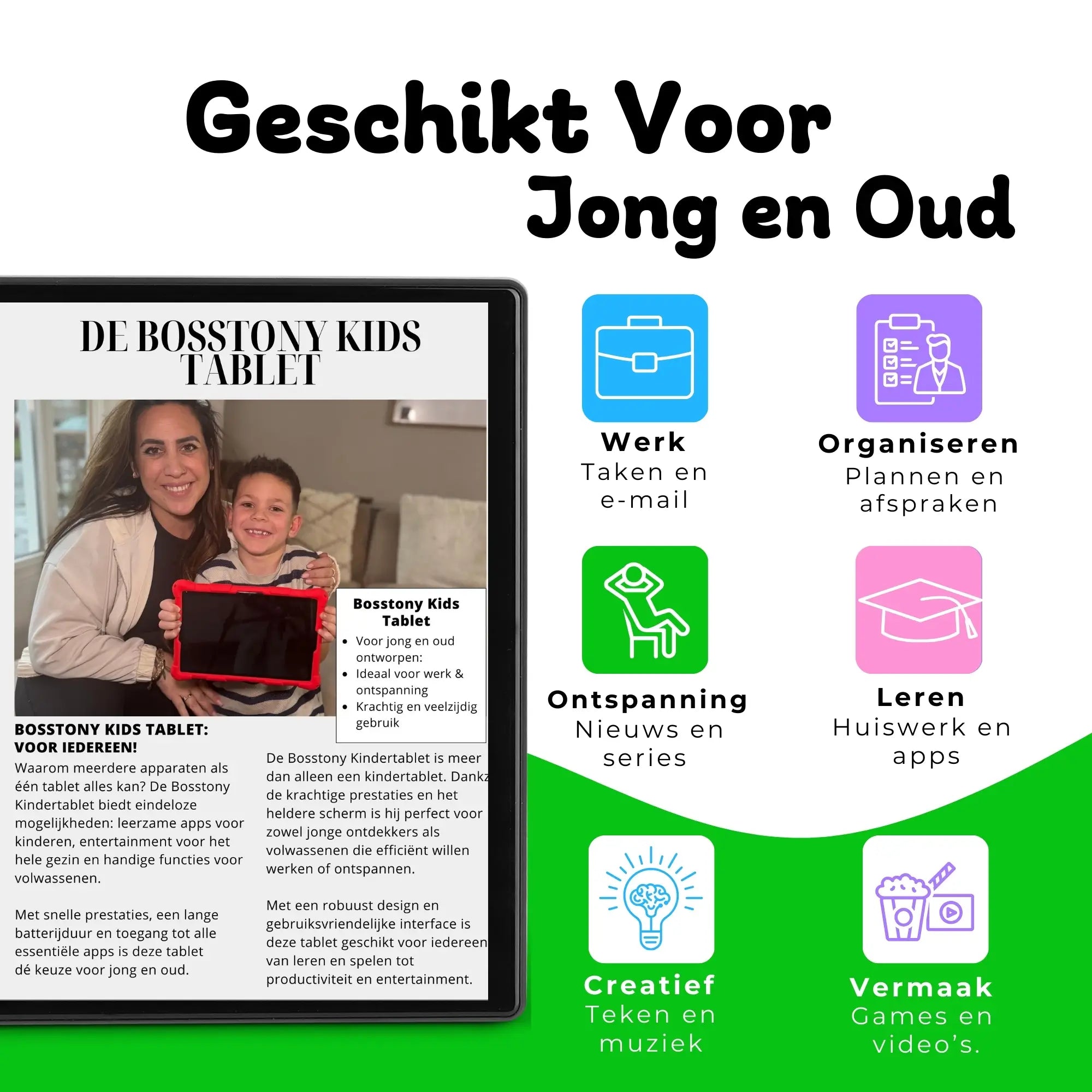 Bosstony Kids Tablet - Veelzijdige tablet voor kinderen én volwassenen met kindermodus, blauwlichtfilter en 192GB opslagruimte.