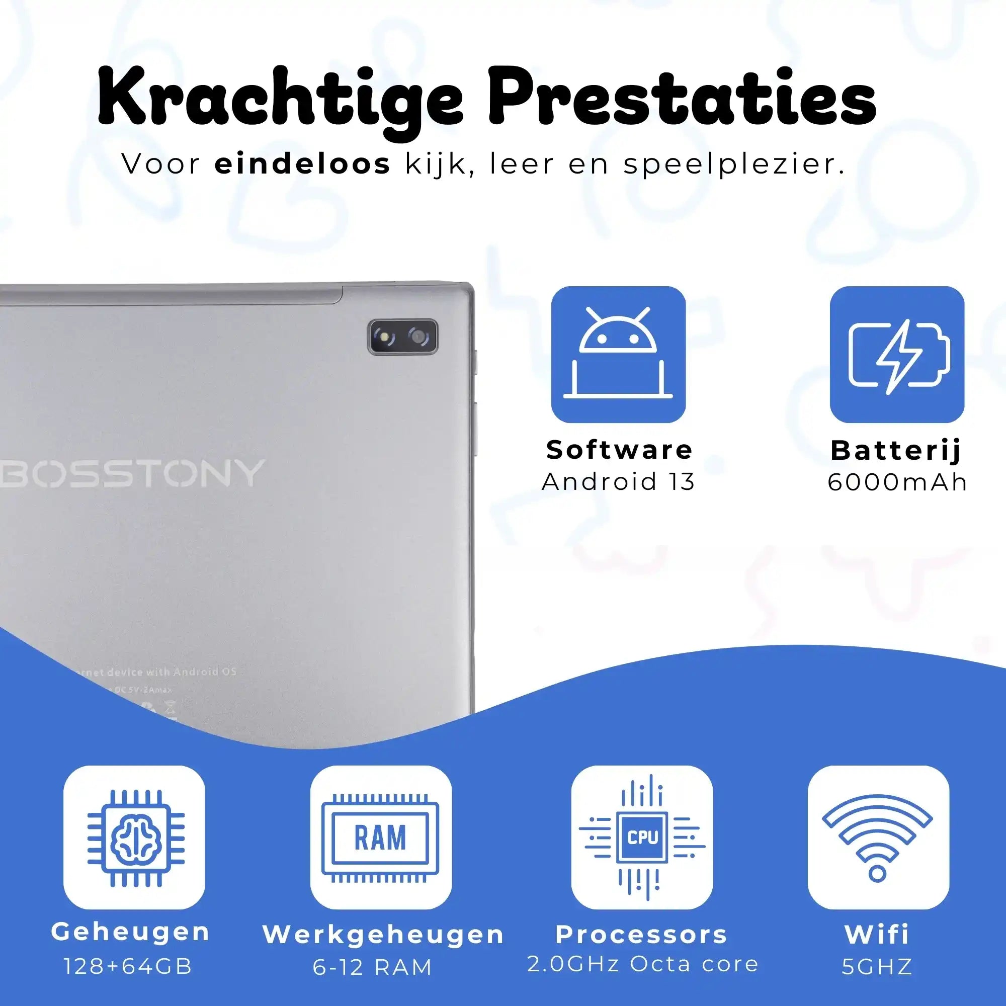 Bosstony kids tablet obsidiaan blauw fidget krachtige prestaties android 13 octacore 6gb 12gb ram 2ghz 128gb