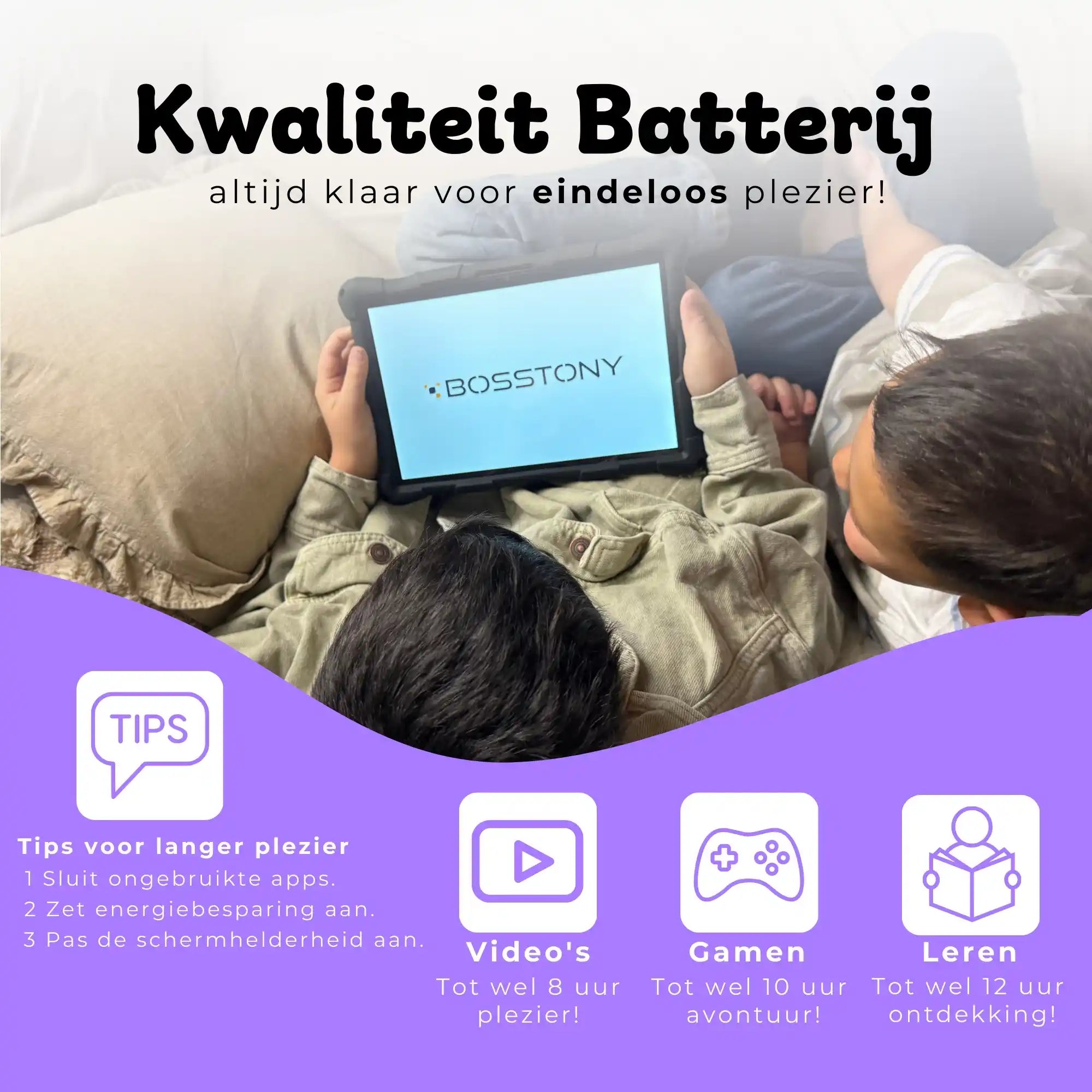 Bosstony kids tablet paars fidget kwaliteit batterij videos gamen ontdekken