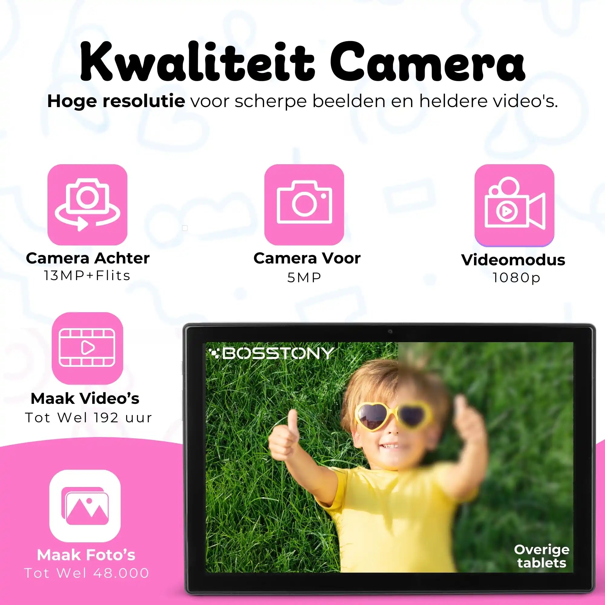 Bosstony kids tablet roze camera 13mp 1080p fullhd videos