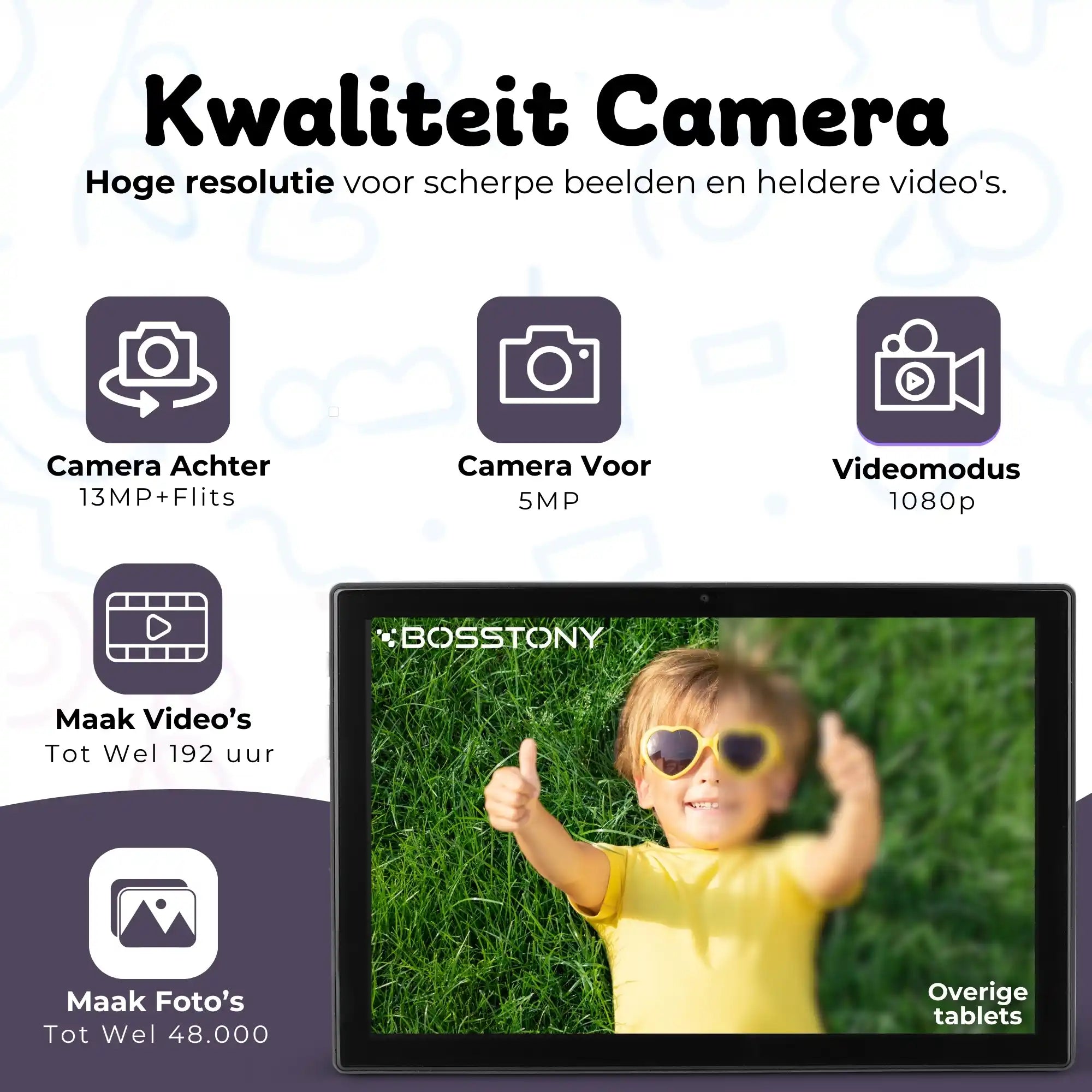 Bosstony kids tablet zwart met hendel camera 13mp 1080p fullhd videos