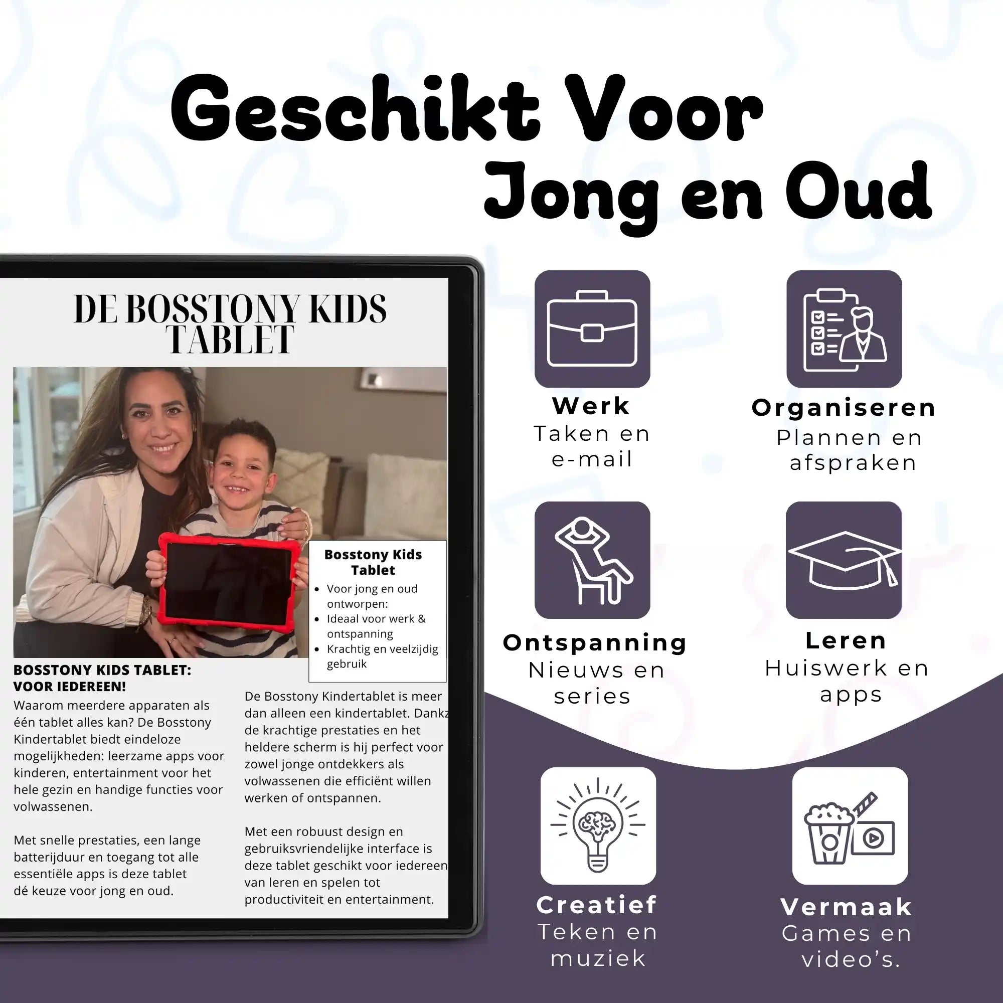 Bosstony kids tablet zwart met hendel geschikt jong oud werk leren vermaak