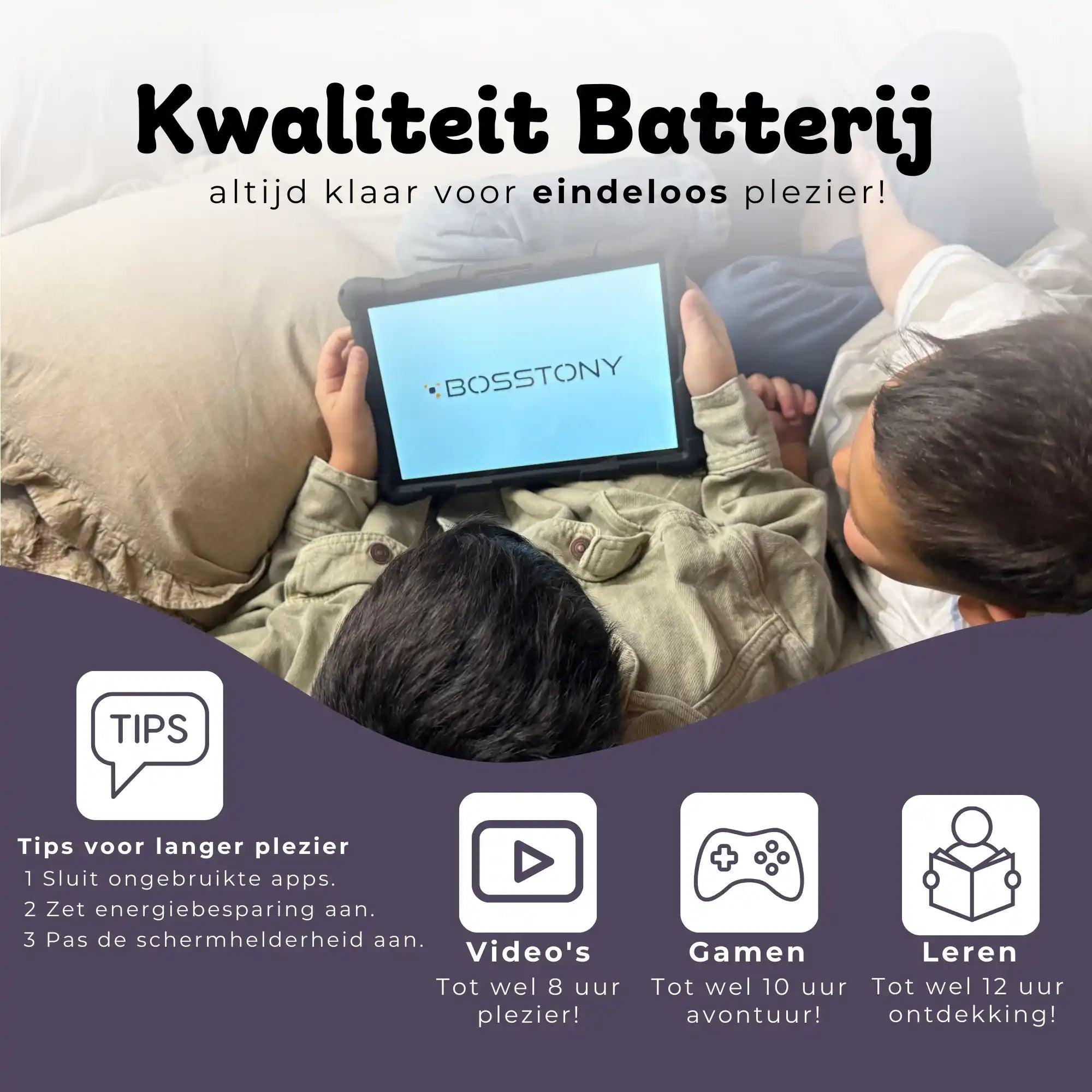 Bosstony kids tablet zwart met hendel kwaliteit batterij videos gamen ontdekken